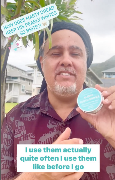 🦷 ✨ How does Marty Dread @mauidread keep his pearly whites BRITE and white? ALOHA BRITE! Pro tip from Marty Dread: Swipe before a meeting, a performance, or going out with friends! 🎤 💃🏻 🎶 🏖️