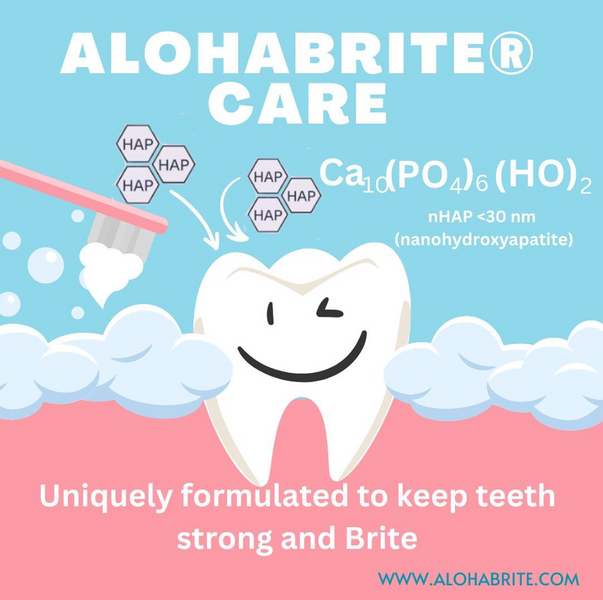 🧬 ALOHABRITE®️ products are uniquely formulated with <50 nanometer size hydroxyapatite ~ 🦷 small enough to reach deep into the teeth to keep them Strong 💪 and Brite