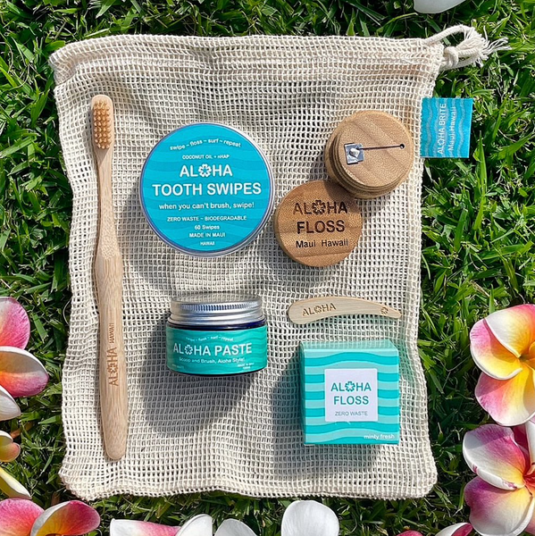 October 19, 2023 ~ Enjoy our Aloha Brite Zero Waste products in one travel set! Say Aloha to Brite White Smiles with biocompatible nanohydroxyapatite and dentist designed formulations. If you're on the go, freshen up with an Aloha Tooth Swipe, floss with