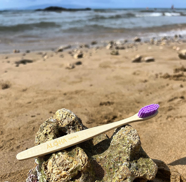 October 26, 2023 ~ Just a beautiful day at the beach, our Lavender flat handle tooth 🦷 brush is just enjoying the sun + sand!  💕✨ Our Beautiful ALOHA Bamboo handle toothbrush with soft bristles and extra option for soft nano bristles. Bamboo handle is zer